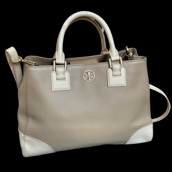 Tory Burch East West Robinson Satchel Tote Color Block Mid Camel Ivory - Picture 14 of 14